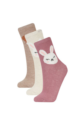 Kız Çocuk Tavşan Baskılı 3'lü Pamuklu Uzun Çorap