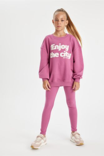 Kız Çocuk 2'li Takım Bisiklet Yaka Baskılı Sweatshirt Basic Düz Uzun Tayt