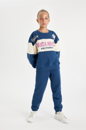 Kız Çocuk 2'li Takım Bisiklet Yaka Baskılı Sweatshirt Jogger Eşofman Altı