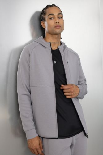 DeFactoFit Slim Fit Dar Kesim Kapüşonlu Skuba Dalgıç Kumaş Fermuarlı Sporcu Sweatshirt