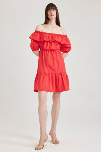 Сукня з коротким рукавом мини з відкритими плечима з попліну