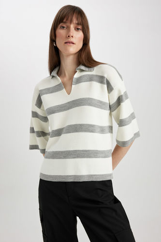 Relax Fit Polo Neck Striped Knitwear Sweater