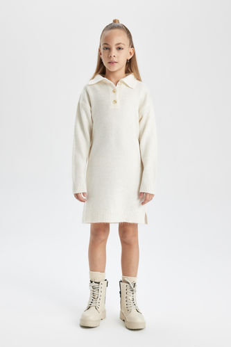 Kız Çocuk Polo Yaka Uzun Kollu Triko Elbise