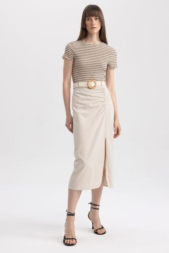 Straight Fit Normal Waist Linen Blend Midi Skirt