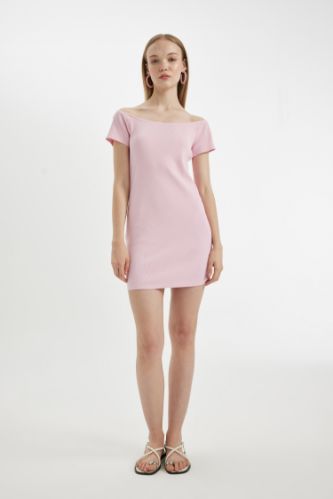 Coool Bodycon Vücuda Oturan Kayık Yaka Basic Düz Fitilli Kaşkorse Kısa Kollu Mini Elbise