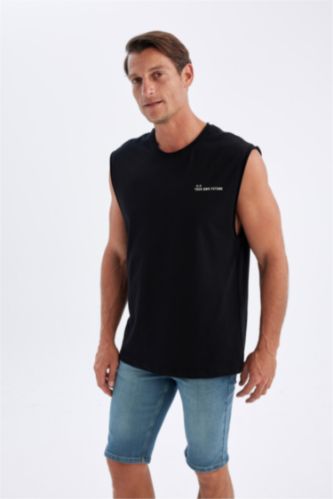 MAN Black Boxy Fit Printed Crew Neck Sleeveless T-Shirt