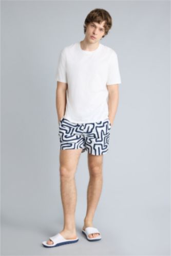 Man NAVY Patterned Mesh Lined Short Length Swim Shorts