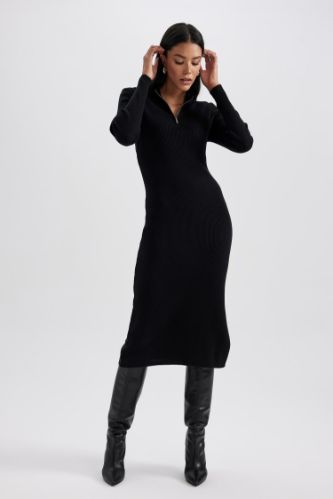 Fitted Fermuarlı Yaka Basic Düz Uzun Kollu Triko Elbise