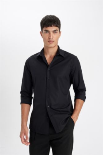رجالي أسود Slim Fit Long Sleeve Shirt