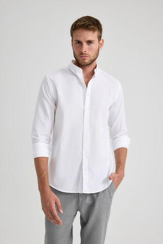 White MAN Modern Fit Buttondown Polo Neck Oxford Long Sleeve Shirt ...