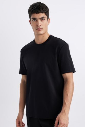 Regular Fit Bisiklet Yaka Kısa Kollu Basic Düz Ağır Kumaş Tişört