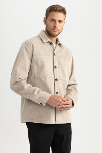 Relax Fit Polo Neck Wool Look Shirt Jacket
