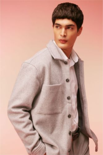 رجالي ميلانج رمادي جاكيت قميصي مظهر صوفي قصة مريحة بياقة بولو بجيب