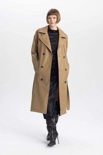 Waterproof Regular Fit Faux Leather Trenchcoat