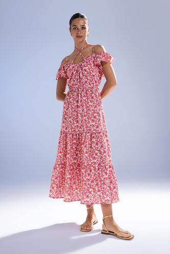 Сукня з коротким рукавом миди з відкритими плечима квітковий з тканини