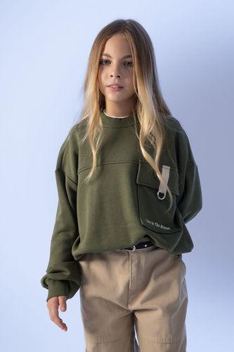 Kız Çocuk Oversize Fit Cep Baskılı Sweatshirt