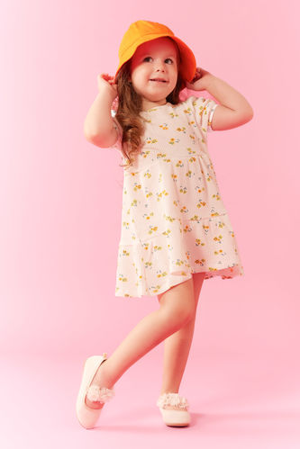 Kız Bebek Çiçekli Kısa Kollu Waffle Elbise