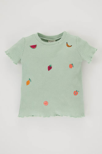Green BABY GIRL Baby Girl Regular Fit Crew Neck Fruit Patterned Waffle ...