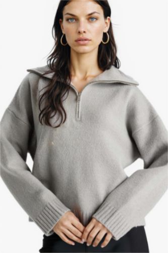 Oversize Geniş Kalıp Yarım Fermuarlı Dik Yaka Triko Kazak