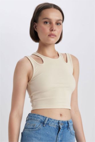 FEMME Beige Débardeur Caraco Côtelé À Col Ras Du Cou Ajusté