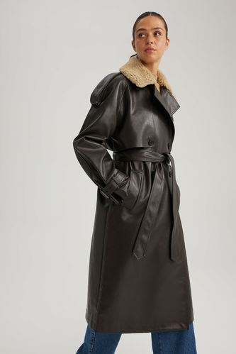 Waterproof Regular Fit Faux Leather Belted Trench Coat