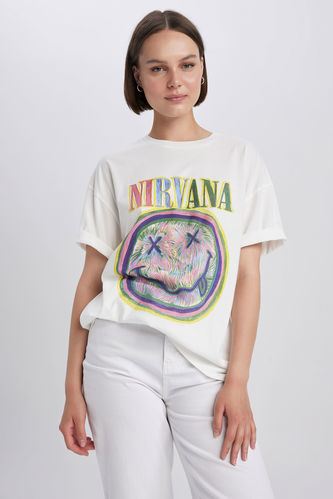 Oversize Fit Nirvana Licensed Crew Neck Printed Short Sleeve T-Shirt