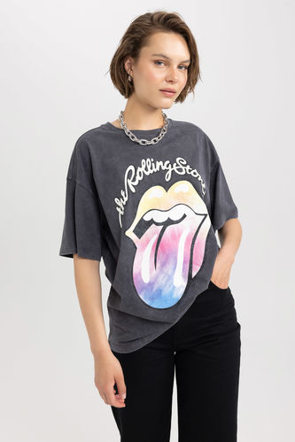 Rolling Stones Oversize Fit Bisiklet Yaka Baskılı Kısa Kollu %100 Pamuk Tişört
