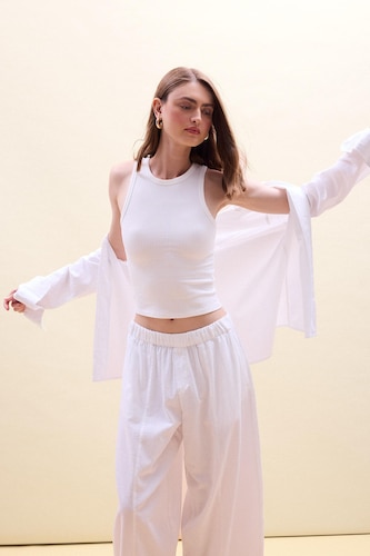 FEMME Écru Débardeur côtelé à col halter Coupe slim