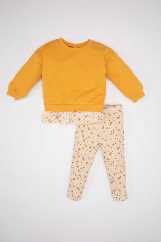 Kız Bebek Çiçekli Uzun Kollu Fitilli Kaşkorse Sweatshirt Tayt 2'li Takım