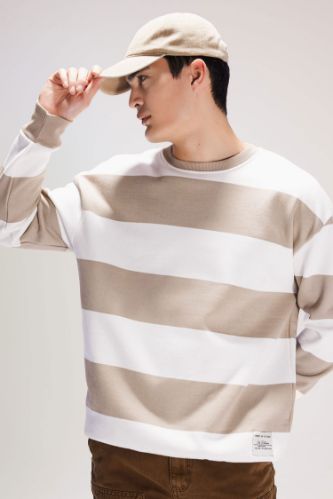 Boxy Fit Bisiklet Yaka Çizgili Dokuma Etiketli Sweatshirt