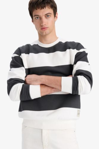 Boxy Fit Bisiklet Yaka Çizgili Sweatshirt