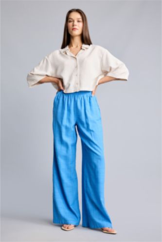 Women Blue High Waist Wide Leg Trousers