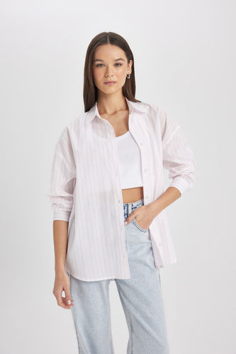 Oversize Fit Shirt Collar Voile Printed Long Sleeve Shirt