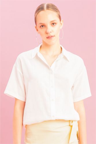 نساء اوف وايت Oversize Linen Look Short Sleeve Shirt