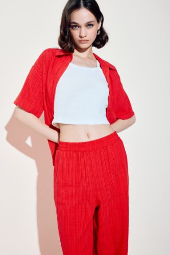 Oversize Geniş Kalıp Basic Düz Kırmızı Kısa Kollu Gömlek