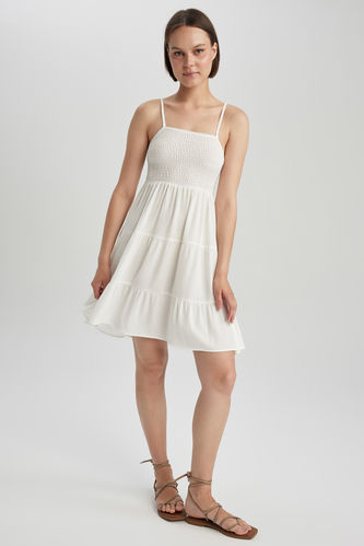Strappy Crinkle Viscose Mini Short Sleeve Woven Dress