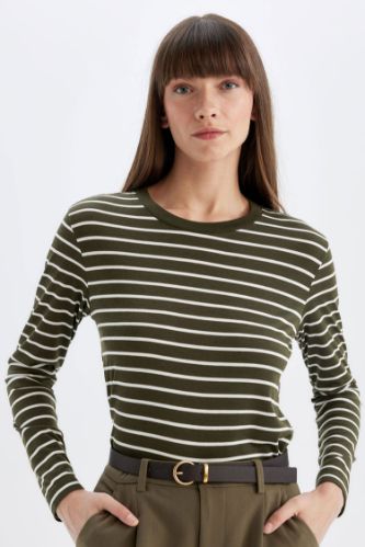 Regular Fit Bisiklet Yaka Çizgili Casual Uzun Kollu Tişört