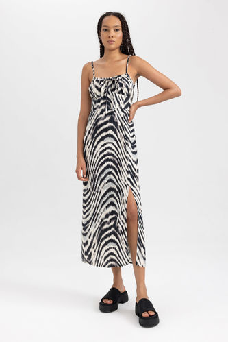 Zebra Desenli Yırtmaçlı Maxi Askılı Elbise