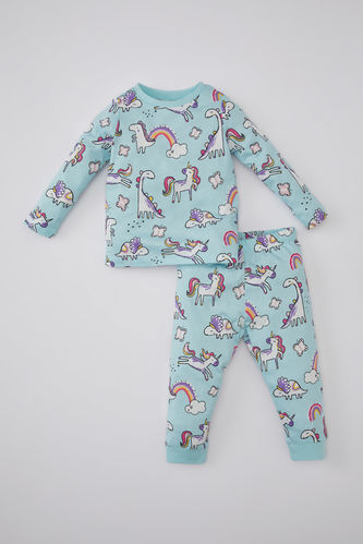 Kız Bebek Dinazor Baskılı Uzun Kollu Penye Pijama Takımı