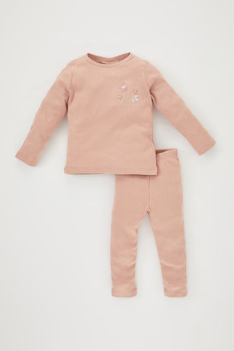 Kız Bebek Nakışlı Uzun Kollu Fitilli Kaşkorse Pijama Takımı