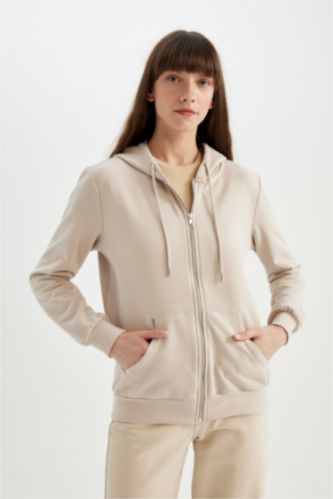 Regular Fit Kapüşonlu Cepli Basic Düz Fermuarlı Sweatshirt