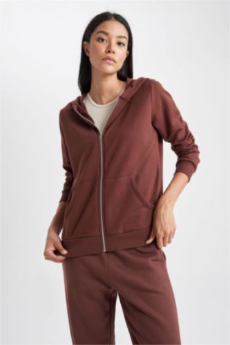 WOMAN Brown Regular Fit Hooded Pocket Basic Zippered Sweatshirt