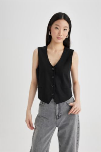 Kadın Siyah V Yaka Keten Karışımlı Yelek