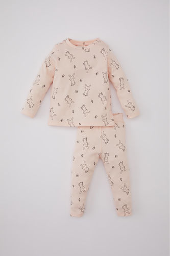 Kız Bebek Tavşan Baskılı Uzun Kollu Fitilli Kaşkorse Pijama Takımı