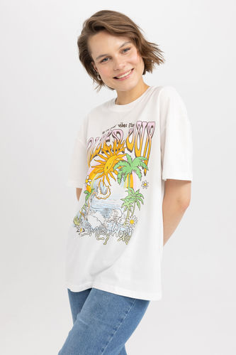 Oversize Fit Smiley Licence Printed Short Sleeve T-Shirt
