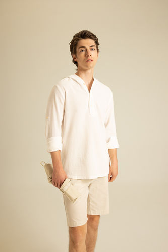 Regular Fit Hooded Cotton Long Sleeve Shirt