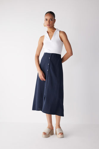 Normal Waist Lined Linen Blend Midi Skirt