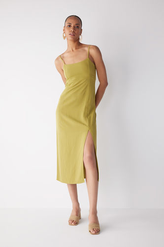 Square Neck Linen Blend Sleeveless Midi Short Sleeve Dress