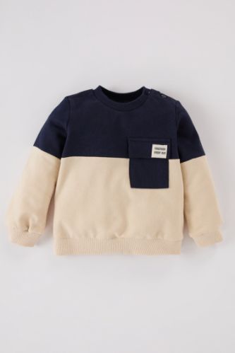 Erkek Bebek Bisiklet Yaka Renk Bloklu İçi Yumuşak Tüylü Sweatshirt