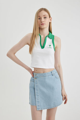 Fitted Slogan Printed Ribbed Crop Top